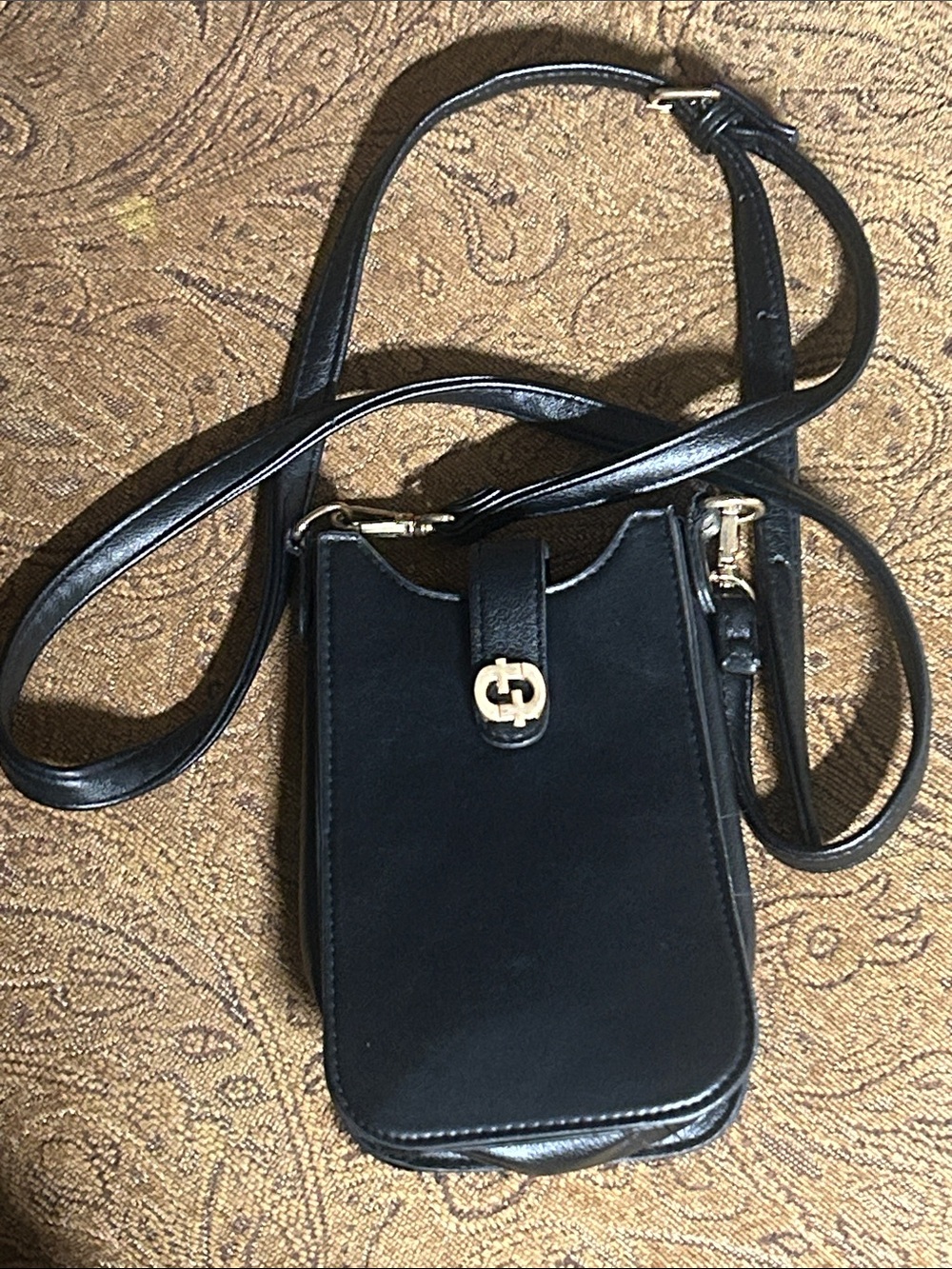 Black Leather Crossbody Phone Bag with Gold Double-G Hardware